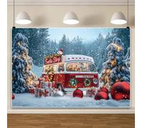Bovlleetd 3.5x3m Fondo de Caravana navideña, autobús Rojo de Invierno, pinos nevados, Parada de Papá Noel, Fondo de fotografía para sesión de Fotos de Retrato de Año Nuevo y Feliz Navidad
