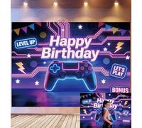 Bovlleetd 3,6x1,8m Fondo Cumpleaños Gaming Level Up Controlador Neon Accentos Arte Pixel Feliz Cumpleaños Tema Gamer Fiesta Cyberpunk Accesorios Estudio
