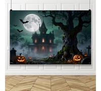 Bovlleetd 3.6x1.8m Fondo de Casa Embrujada de Halloween, Mansión Fantasmagórica Espeluznante Luna Llena Calabaza Cementerio Niebla Decoración de Fiesta de Halloween, Accesorio de Cabina de Fotos