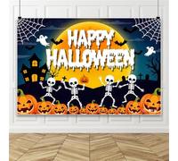 Bovlleetd 3.6x1.8m Fondo de Feliz Halloween Esqueletos Bailantes Lindos Calabaza Fantasma Murciélago Telaraña Casa Embrujada Luna Llena para Cumpleaños Infantil Truco o Trato Sesiones de Fotos