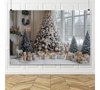 Bovlleetd 3.6x1.8m Fondo de Navidad Árbol Blanco Decorado Reno Regalos Suelo de Madera Fondo Decoraciones de Fiesta de Celebración Navideña Accesorios de Fotomatón