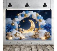 Bovlleetd 3.6x1.8m Fondo de Oso de Peluche Luna Estrella Azul y Oro, Nubes Cielo Nocturno Arco de Globos, Fondo de Fotografía para Baby Shower Cumpleaños Niño Sesión de Fotos Recién Nacido