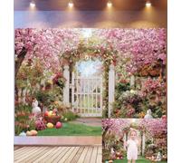 Bovlleetd 3,6x1,8m Fondo Puerta Sakura Pascua Primavera Arco Flores Rosa & Cerco Piquets Blancos Césped Verde Decor Tema Jardín Pascua Encantador Accesorios Estudio Fotográfico