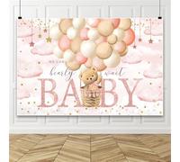 Bovlleetd 3,6x1,8m Fondo We Can Bearly Wait Nube Rosa Estrella Dorada Oso de Peluche Globo Aerostático Fondo para Decoración de Fiesta de Baby Shower de Niña