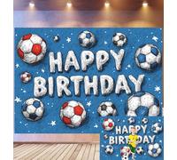 Bovlleetd 3,6x2,5m Fondo de cumpleaños Tema de fútbol Fútbol de Estilo de boceto, Tonos Azules Happy Birthday, Tema de celebración Infantil de fanáticos del Deporte de Estudio fotográfico
