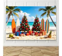 Bovlleetd 3.6x2.5m Fondo de Navidad en la Playa,Fondo de Árbol de Navidad en la Playa de Verano, Escena Tropical con Palmera y Tabla de Surf, para Fiesta de Vacaciones, Banner de Fotografía