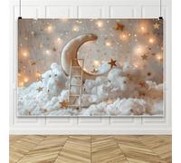 Bovlleetd 3.6x2.5m Fondo de Nubes Estrellas Luna, Luz Dorada Cálida, Fondo de Fotografía para Baby Shower Sesión de Fotos Recién Nacido Cumpleaños Niños Decoración Cake Smash