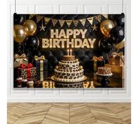 Bovlleetd 3.6x2.5m Fondo de Pastel de cumpleaños con Leopardo Dorado Globos Negros y Dorados Pancarta de Fiesta de Feliz cumpleaños Fondo fotográfico de cumpleaños con Leopardo Dorado para Adultos