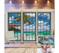 Bovlleetd 3,6x2,5m Fondo fotográfico Ventana Interior Vista Playa, Cristal de Rejilla, Silla de Cuero, sansevieria, Suelo de Madera - Escena Tropical fotográficos de decoración hogar, Relax
