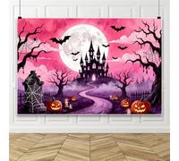 Bovlleetd 3.6x2.5m Telón de Fondo Halloween Espeluznante Castillo Encantado Noche Rosa Luna Llena Calabazas, arañas y murciélagos Fondo Pancarta casa encantada, decoración Halloween, Accesorios Fotos