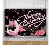 Bovlleetd 300x200cm NiñA Feliz CumpleañOs TelóN De Fondo Oro Rosa Tacones Brillantes ChampáN Bandera Rosa Rosa LáPiz Labial Fondo para NiñA SeñOra Fiesta De CumpleañOs Decoraciones Suministros
