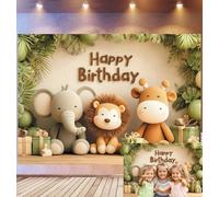 Bovlleetd 3x2,5m Fondo de cumpleaños Animales de la Jungla Trío de Peluches, Arco de Globos Verdes Cajas de Regalo Happy Birthday, Tonos neutros Suaves, Tema de celebración Infantil