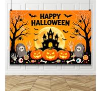 Bovlleetd 3x2.5m Fondo de Feliz Halloween, Casa Embrujada de Naranja Dibujo Animado, Luna Llena, Calabaza, Araña, Murciélago, Lápida, Mano de Esqueleto, Dulces, para Fotografía Interior y Exterior