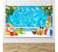 Bovlleetd 3x2.5m Fondo de Fotografía de Fiesta de Piscina de Verano Fondo Tropical Azul con Hojas de Palma Guirnalda de Luces Juguetes de Playa Decor de Fiesta Pancarta de Fotos de Vacaciones Cabina