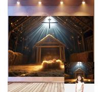 Bovlleetd 3x2,5m Natividad Estable Fondo Nacimiento de Jesús Manger Fotografía Fondo Hay Bales Cruz Cristiana Rayo del Sol Rústico de Madera Santa Navidad Religión Tema Foto Estudio Apoyos