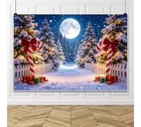 Bovlleetd 3x2.5m Telón de Fondo de Navidad, Maravilloso Mundo de Dulces Invernal, Bosque Nevado con Bastones de Caramelo, Luna Llena y Luces de Cadena, Fondo de Fotografía para Fiestas Navideñas
