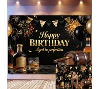 Bovlleetd 3x2m Fondo Cumpleaños Whiskey de Lujo Decor Negro y Oro Cigarro y Barril Aged to Perfection Tema Celebración Adultos Accesorios Estudio