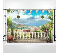 Bovlleetd 3x2m Fondo de balcón Palacio romántico Balcón Jardín Naturaleza Paisaje Fotografía Fondo Montaña Mar Azul Cielo Pabellón de Estilo Europeo Fondo para Retrato Sesión de Fotos Estudio