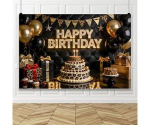 Bovlleetd 3x2m Fondo de Pastel de cumpleaños con Leopardo Dorado Globos Negros y Dorados Pancarta de Fiesta de Feliz cumpleaños Fondo fotográfico de cumpleaños con Leopardo Dorado para Adultos