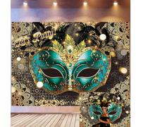 Bovlleetd 3x2m Fondo Fiesta de Mascarada, Máscara Veneciana Verde Azulado Oro Pluma Mandala Lentejuelas Luz Decoración Fondo Fotográfico,Estudio Fotográfico Estilo Lujo Carnaval Mardi Gras