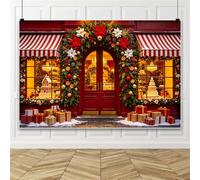 Bovlleetd 3x2m Telón de Fondo de Escaparate Navideño, Casa de Jengibre de Navidad, Escaparate de Puerta Roja Pancarta de Fiesta de Nochebuena Accesorios de Fotografía Familiar para Festival