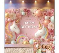 Bovlleetd 4,2x3m Fondo de cumpleaños Unicornio Gemela Floral Pastel, Elemento de arcoíris Mezcla de Globos Happy Birthday, Cuento de Hadas mágico, Tema de celebración Infantil