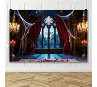 Bovlleetd 4.2x3m Fondo de Salón de Castillo Gótico de Vampiro Cortina Terciopelo Rojo Vintage, Vidriera Murciélago Pétalos de Rosa Mansión Decoración de Fiesta de Casa Embrujada Accesorios de Fotos
