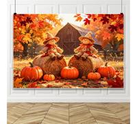 Bovlleetd 4.2x3m Fondo Fotográfico de Calabaza de Otoño Espantapájaros Calabazas Pacas de Heno Decoración para Fotomatón y Fiestas