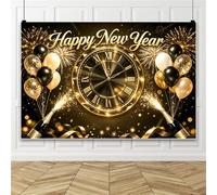 Bovlleetd 4,2x3m Fondo Fotográfico Feliz Año Nuevo, Reloj de Cuenta Atrás Negro y Dorado con Globos Botellas de Champán Fondo de Foto de Año Nuevo