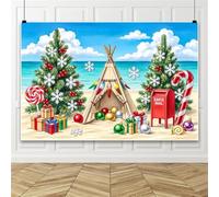 Bovlleetd 4.2x3m Pancarta de Navidad en Julio Fondo de Fotografía de Navidad en Playa Tropical, Cielo Azul Océano Fondo de Fotos para Fiesta Familiar de Navidad