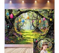 Bovlleetd 4,5x3m Fondo Bosque Pascua Encantado Arco Árbol Musgoso & Decor Huevos Colgantes Accesorios Camino Soleado & Flores Silvestres Tema Bosque Pascua Mágico Accesorios Estudio Fotográfico