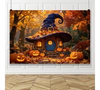 Bovlleetd 4.5x3m Fondo de Calabaza de Halloween, Hojas de Arce de Otoño, Calabaza Iluminada, Cabaña Mágica del Bosque, Decoración de Cabina de Fotos para Fiesta de Halloween
