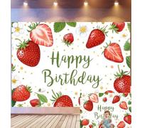 Bovlleetd 4,5x3m Fondo de cumpleaños Fresa Acuarela Patrón de Fresas y Margaritas, Caligrafía Happy Birthday, Tema de Verano Dulce, Accesorios de Estudio fotográfico