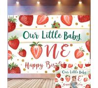 Bovlleetd 4,5x3m Fondo de cumpleaños Fresa Our Little Baby One Patrón de Fresas Acuarela, Accentos Dorados Caligrafía, Tema de Primer cumpleaños Dulce, Accesorios de Estudio fotográfico