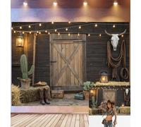 Bovlleetd 4,5x3m Fondo de cumpleaños Rancho rústico Puerta de Granero y pacas de heno, Botas de Vaquero Decoración de Cactus Guirnalda Luminosa, Tema de Rancho Occidental de Estudio fotográfico