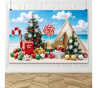 Bovlleetd 4.5x3m Fondo de Fotografía de Playa Navideña Tropical con Buzón del Santa Claus & Árbol de Navidad, Cielo Azul Océano Decor para Fiesta Familiar de Navidad