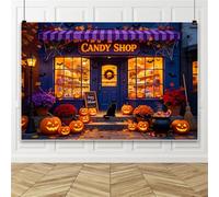 Bovlleetd 4.5x3m Fondo de Tienda de Dulces de Halloween, Gato Negro, Calabaza Iluminada, Murciélago, Telaraña, Hojas de Arce de Otoño, Tienda de Dulces, para Decoración de Cabina de Fotos