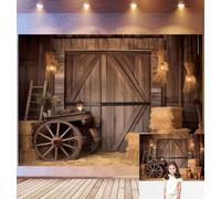 Bovlleetd 4,5x3m Fondo fotográfico Puerta de Granero rústica, Carro de heno Vintage, pacas de heno, Luces, ollas de Barro - Escena de Granja, Accesorios de Studio fotográfico Rural Retro