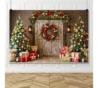 Bovlleetd 4.5x3m Fondo navideño Invierno Navidad Puerta de Madera de Granja rústica Fondo fotográfico Árbol navideño Nieve Pancarta de Fondo Decoración para Fiestas Festivas