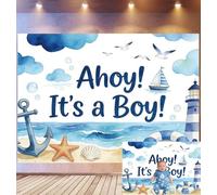 Bovlleetd 6x3m Fondo Baby Shower Náutico Decor Acuarela Ahoy! It's a Boy! Ancla y Faro Tema Celebración Bebé Costera Accesorios Estudio Fotográfico