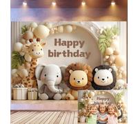 Bovlleetd 6x3m Fondo de cumpleaños Safari Infantil Juguetes de Peluche de Animales, Arco de Globos Tonos neutros Cajas de Regalo Happy Birthday, Tema de Jungla Lindo de Estudio fotográfico