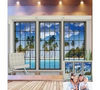 Bovlleetd 6x3m Fondo fotográfico Ventana Interior Vista Isla, Cristal de Rejilla, Silla, Suelo de Madera, Playa de Palmeras - Escena Relajante de Studio fotográfico para Tema de Viaje