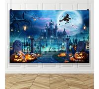 Bovlleetd 6x3m Telón de Fondo Castillo Bruja Halloween, Fondo Foto Escoba Bruja Espeluznante con Luna Llena, Calabaza y Cementerio para Fiesta Halloween, sesión Fotos Terror