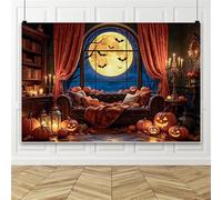Bovlleetd 6x3m Telón de Fondo fotografía Ventana Noche aterradora Halloween, Fondo Foto Interior Acogedor Espeluznante con Luna Llena, Calabaza y murciélago, decoración Fiesta, Accesorios Fotos
