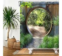 Bovlleetd Bosque Verde Cortina de Ducha Paisaje Natural Cortina de Ducha Baño Arco Circular rústico Jardín Puerta de Madera Camino de adoquines Decoraciones para bañera Juego 6 Agujeros 92x183cm