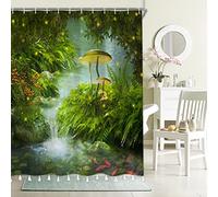 Bovlleetd Cortina de Ducha de río Borla Paisaje Natural Plantas Verdes Hoja de Piedra Seta Grande Cortina de Ducha con Borlas Impermeable Baño Cortina Decorativa Hermoso Arte Cortina 180x214cm