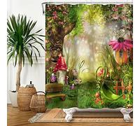 Bovlleetd Cuentos de Hadas de Primavera Cortina de Ducha Árbol parlante Encantado Seta Cortina de Ducha para baño Planta de césped Verde con Flores Sol Accesorios de Cortina de baño 92x183cm
