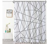 Bovlleetd En Blanco y Negro Cortina de Ducha Borla Cortina de Ducha de baño Moderna Abstracta con Borlas Cortinas de Ducha de línea de Rayas Minimalistas artísticas para baño con Borlas 183x183cm