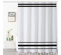 Bovlleetd En Blanco y Negro Cortina de Ducha Borla Cortina de Ducha Moderna Minimalista a Rayas Boho para baño con Borlas Cortina de Ducha de Tela Impermeable para decoración de baño 183x183cm