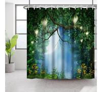 Bovlleetd Fantasía Cortina de Ducha Bosque Moonlight Cielo Estrellado Naturaleza Tranquila atmósfera Linternas en árbol mágico Accesorios 92x183cm